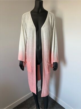395. Hayden Ombré Long Open Cardigan in White and Pink with Fringe
